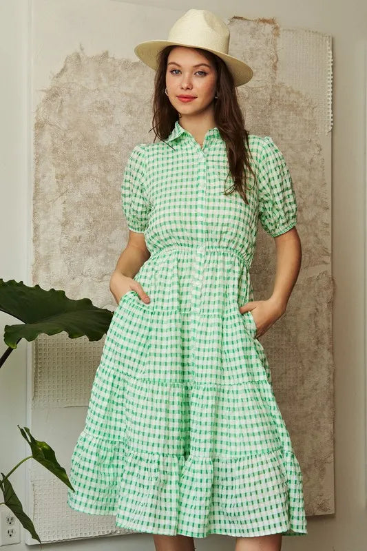 Davi & Dani Checkered Puff Sleeve Tiered Shirt Dress