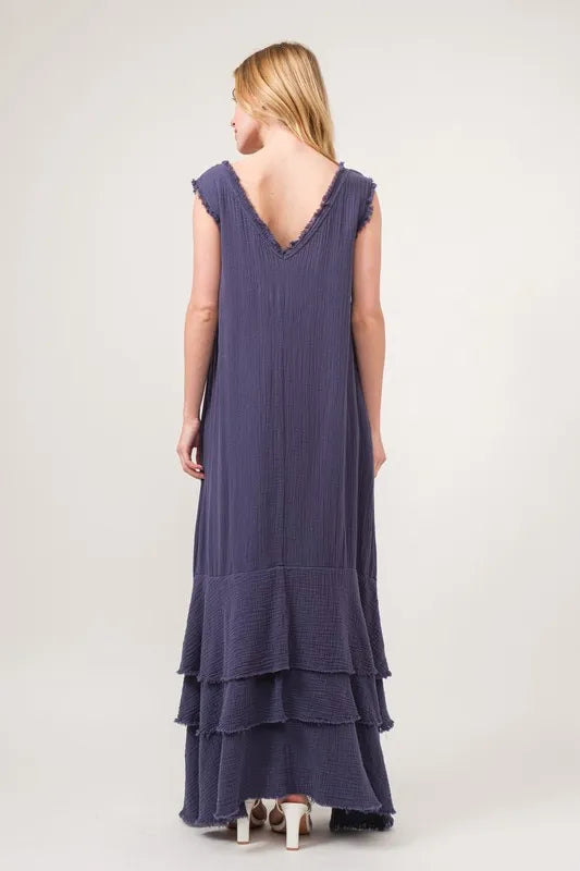 And The Why Washed Cotton Gauze Fringe Detail Tiered Dress