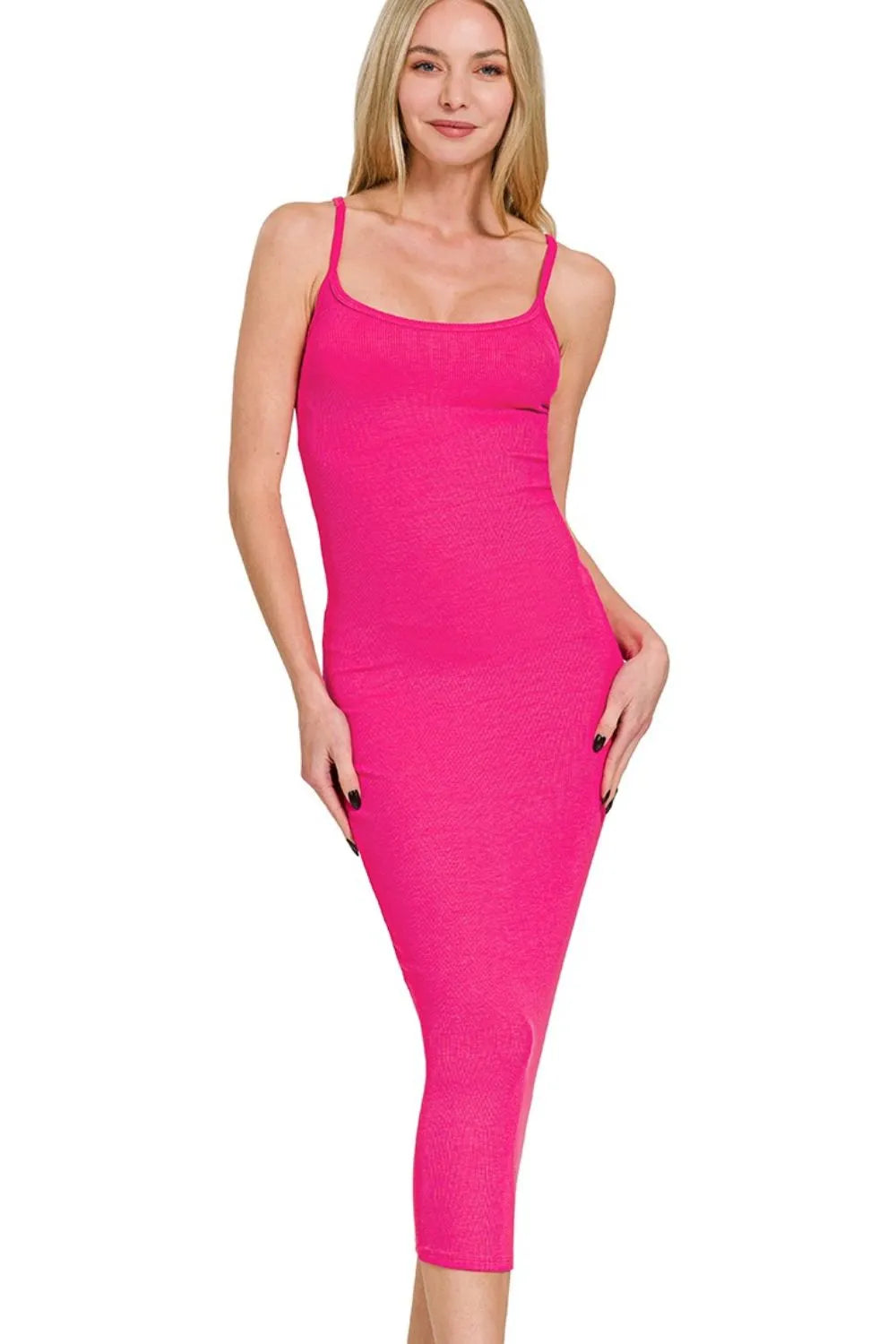 Zenana Ribbed Bodycon Midi Dress in Pink