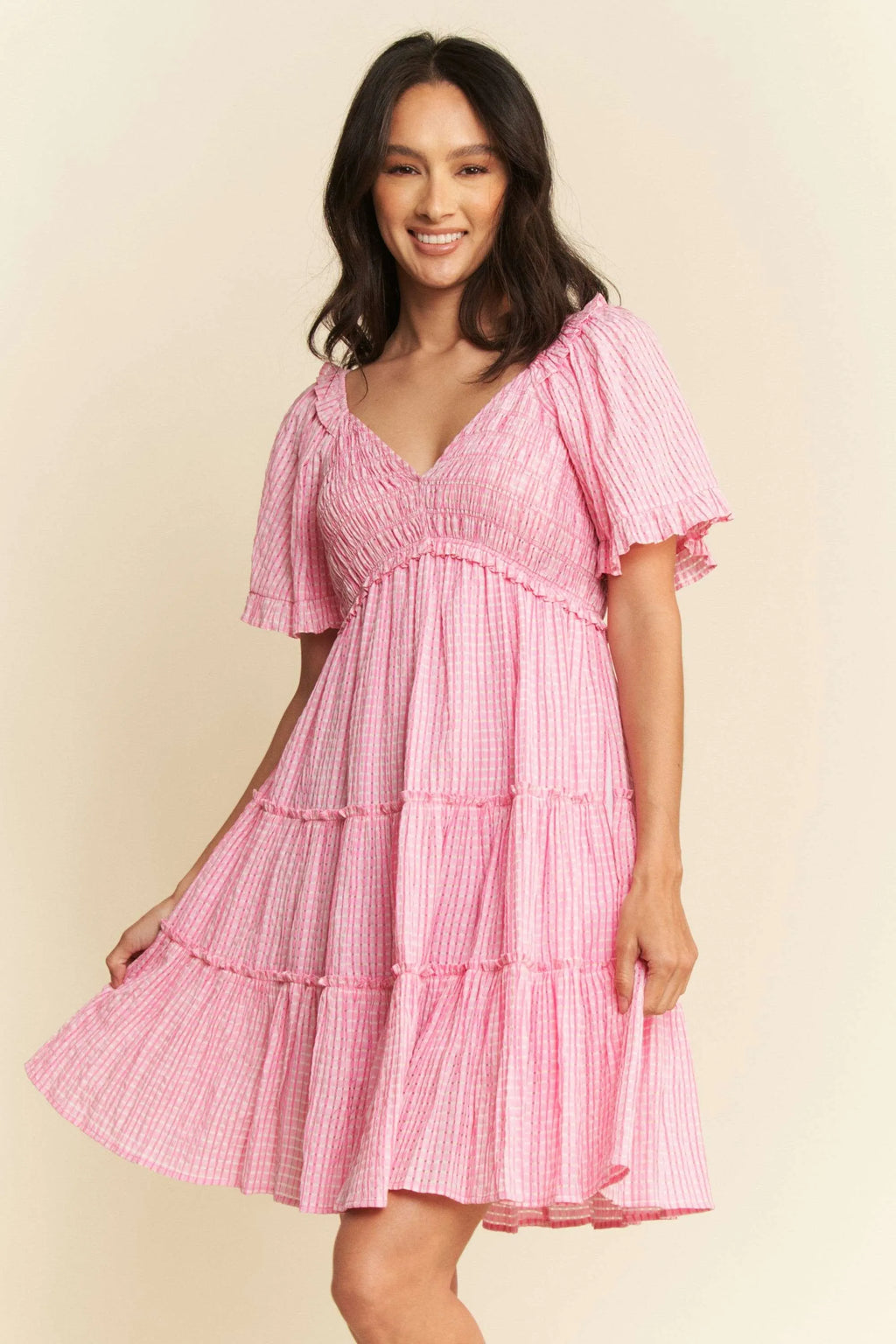 Davi & Dani Jacquard Checker Smocking Tiered Dress in Pink