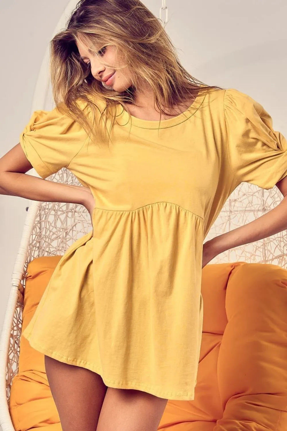 BiBi Cotton Span Knit with Puff Sleeve Baby Doll Top