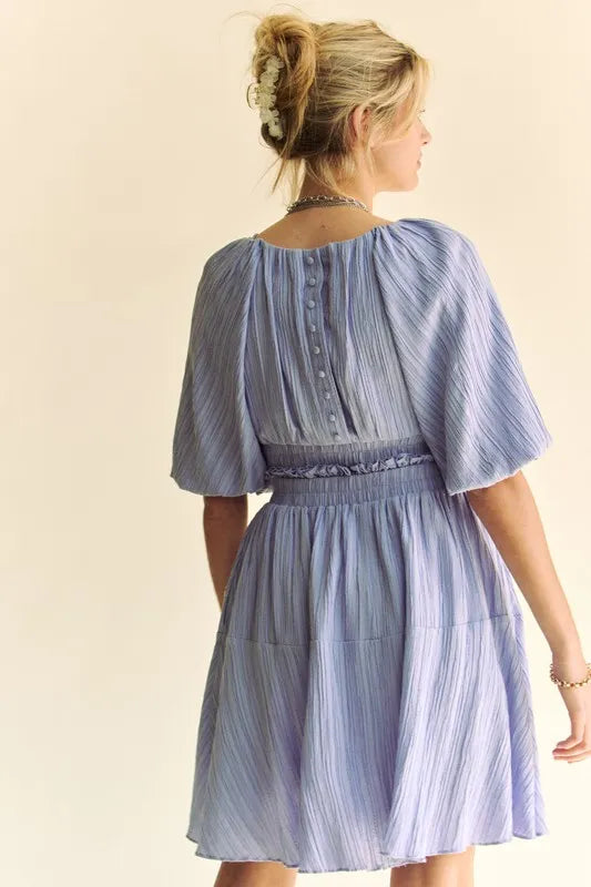 Davi & Dani Back Button Puff Sleeve Mini Dress in Lavender