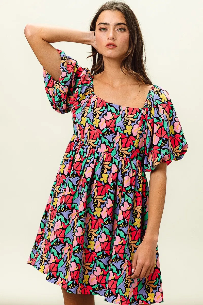 BiBi Floral Print Puff Square Neck Dress