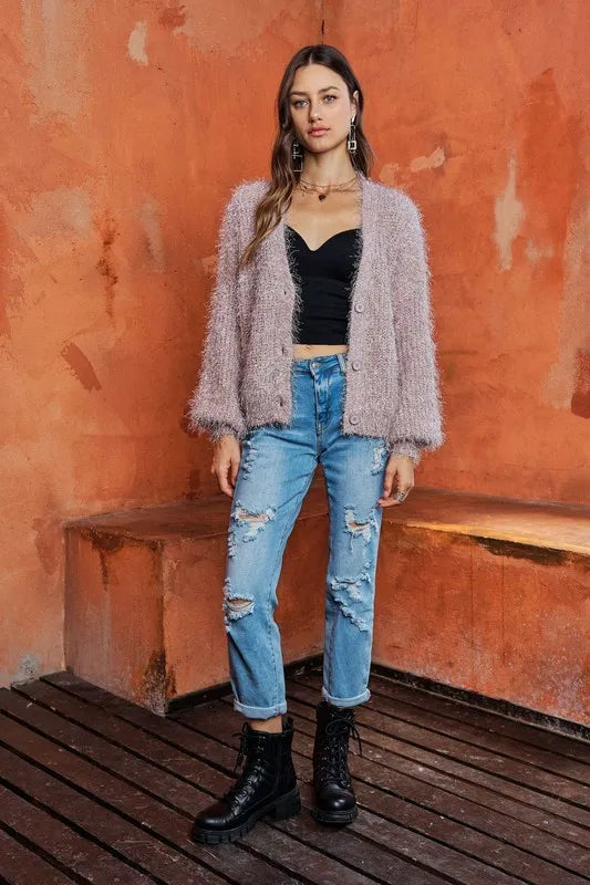 ADORA Fuzzy Sweater Cardigan in Sand