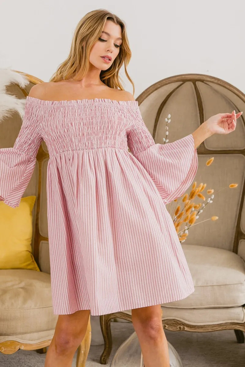 BiBi Smocked Off Shoulder Striped Dress