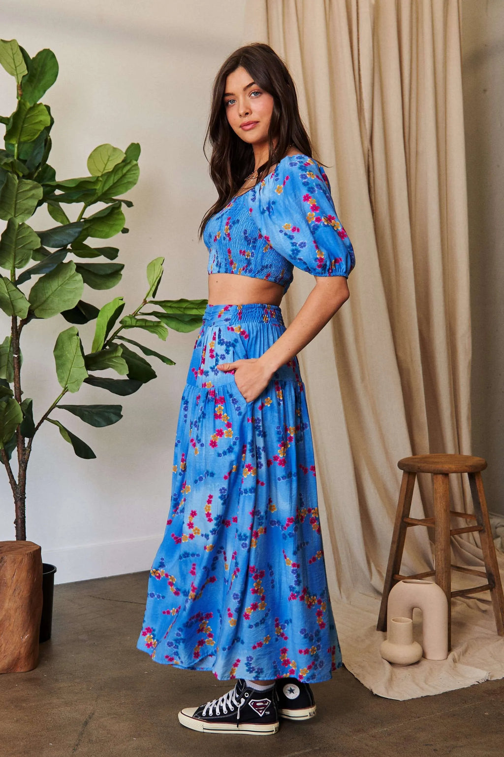 Davi & Dani Smocing Bodice Puff Short Sleeve Printed Crop Top