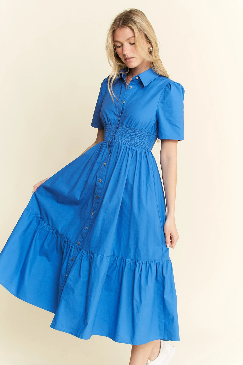 Jade By Jane Short Sleeve Button Down Midi Dress