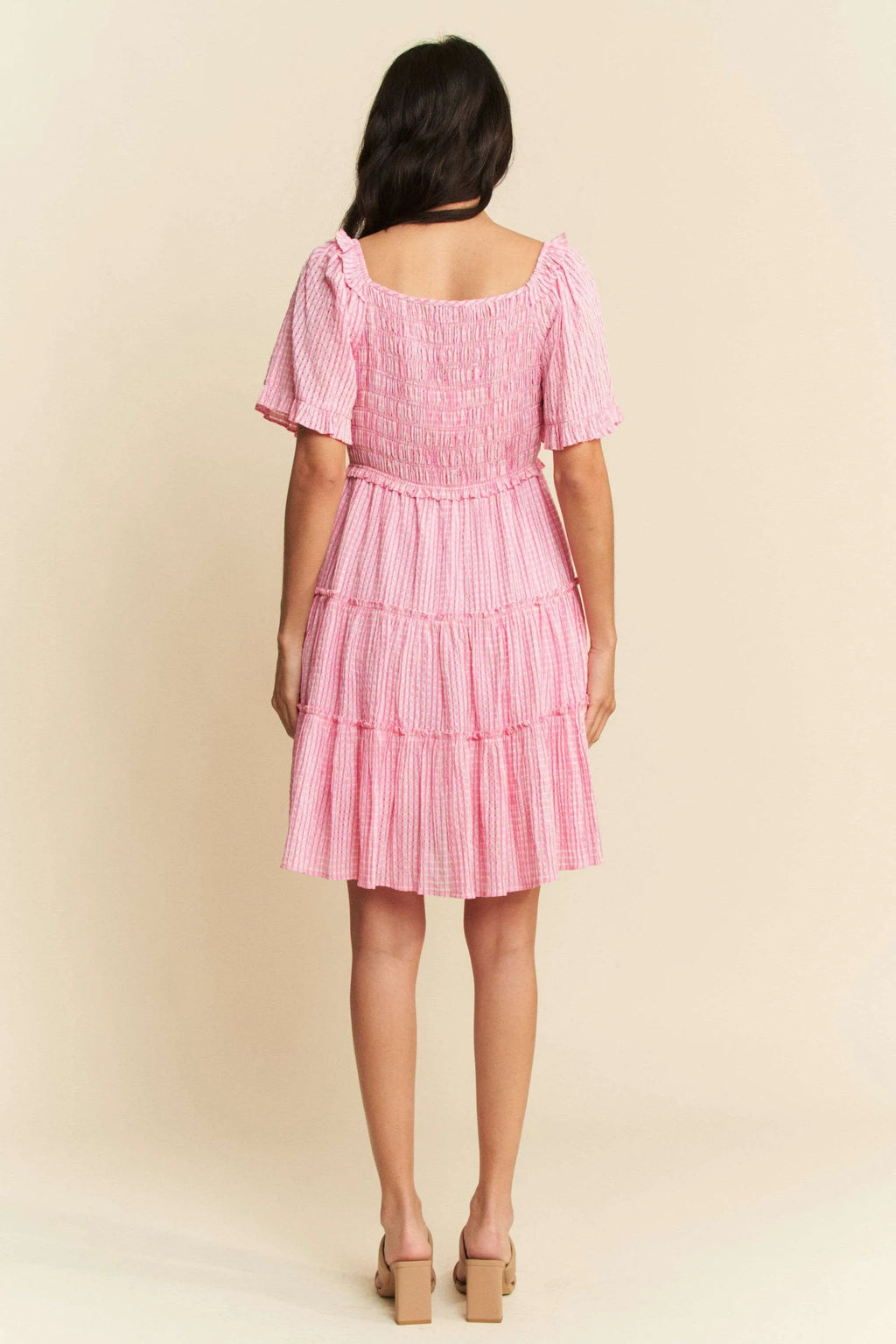 Davi & Dani Jacquard Checker Smocking Tiered Dress in Pink