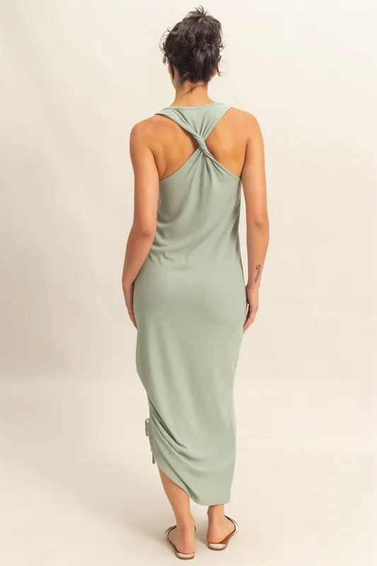 HYFVE Scoop Neck Side Tie Detail Midi Dress in Sage