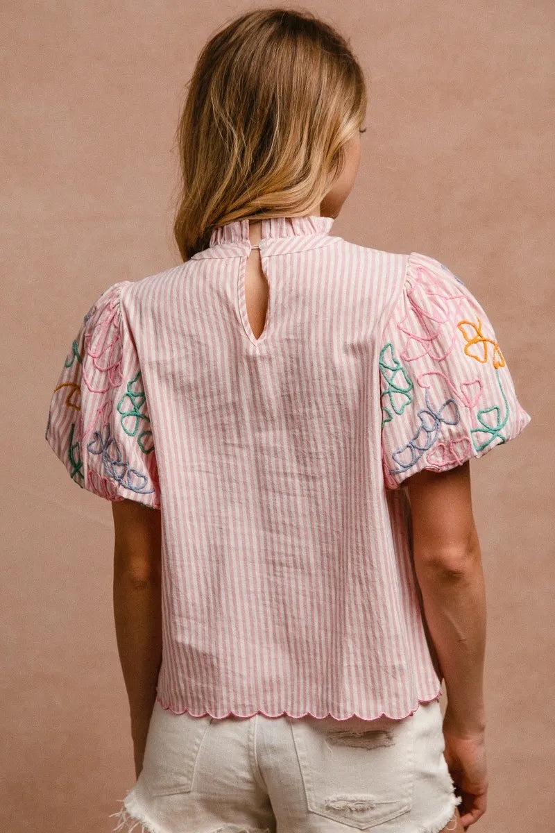 BiBi Embroidery Bubble Sleeve Top With Bottom Scallop Detail