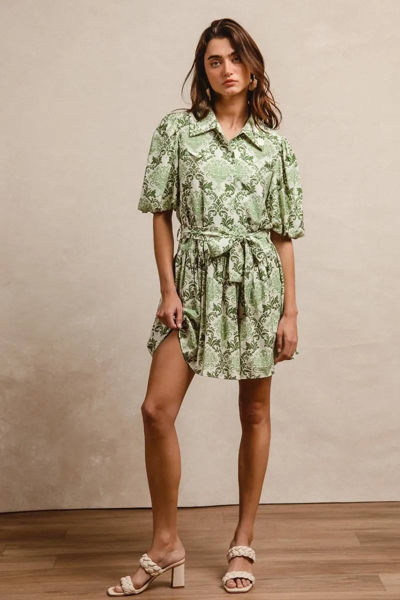 BiBi Tied Floral Short Sleeve Mini Shirt Dress