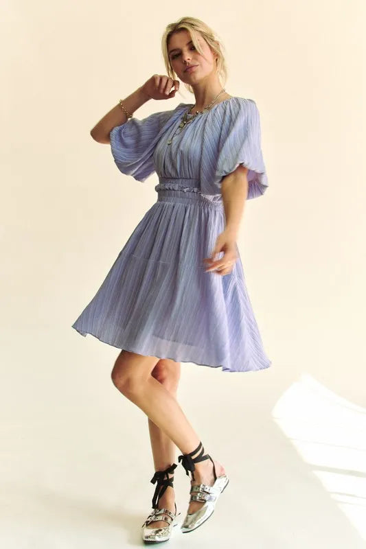 Davi & Dani Back Button Puff Sleeve Mini Dress in Lavender
