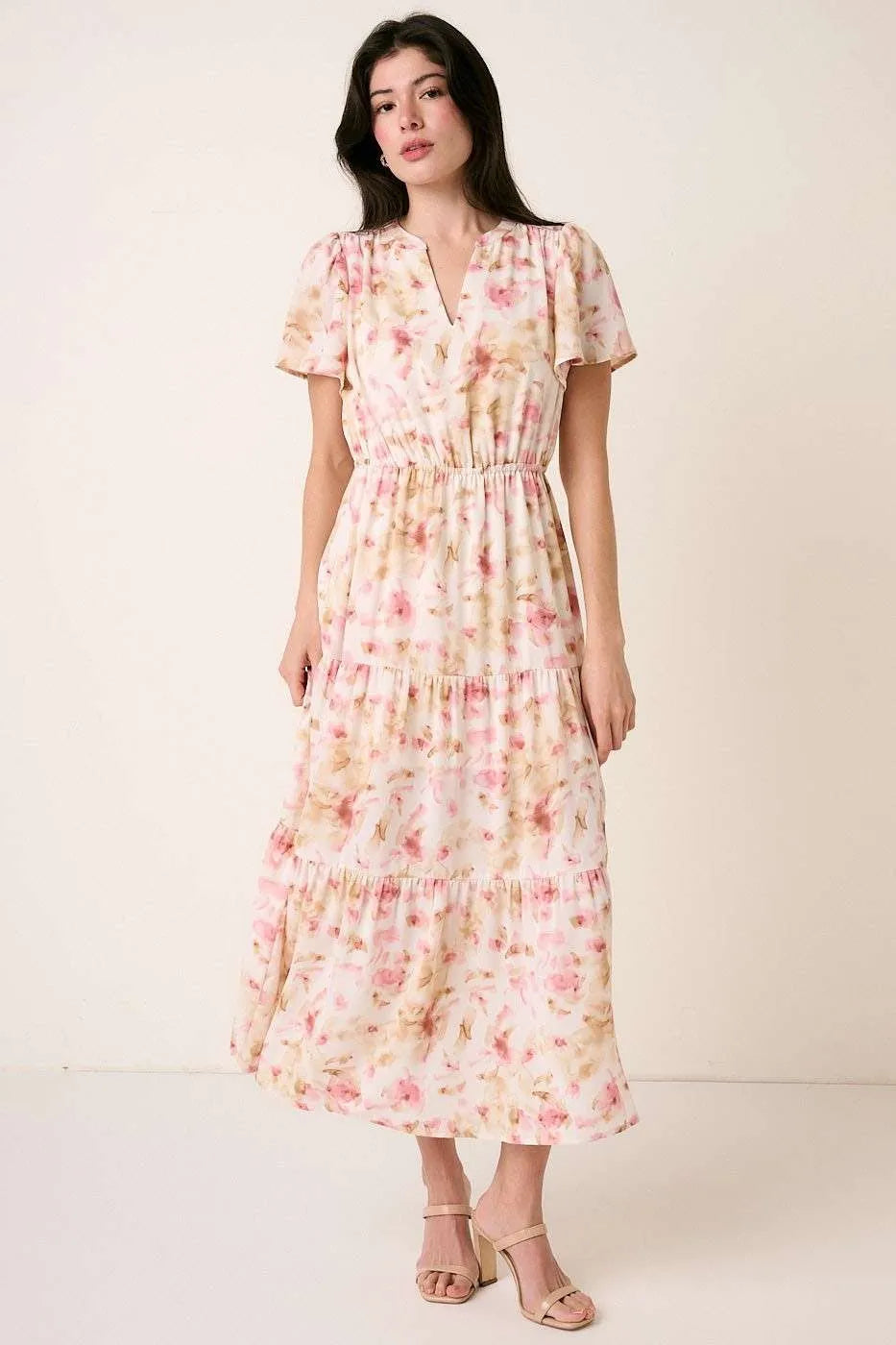 Mittoshop Flower Print Flutter Sleeve V Slit Maxi Dress