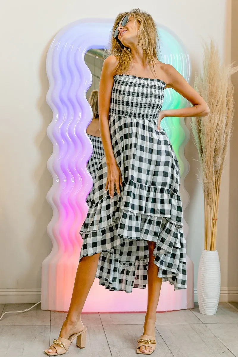 BiBi Smocked Body Off Shoulder Check Dress