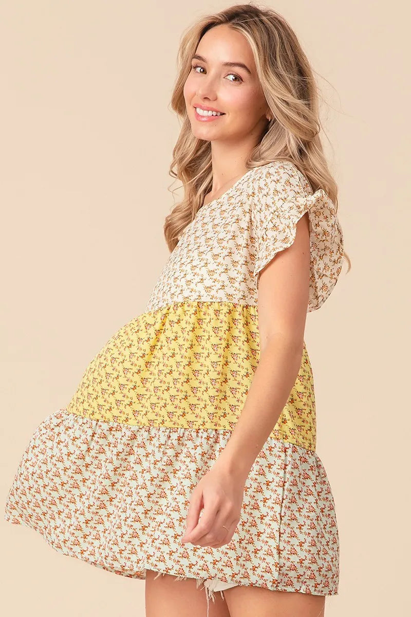 BiBi Flroal Printed Woven Color Block and Tiered Top in Yellow