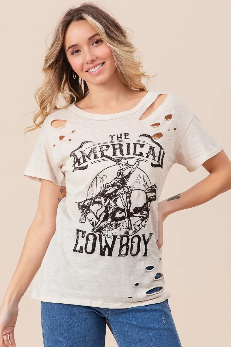 BiBi Cotton Slub Laser Top American Cow Boy Graphic in Taupe