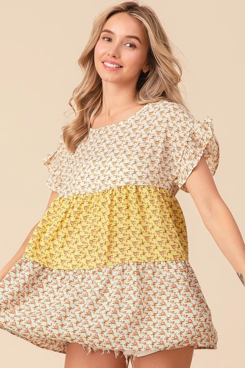 BiBi Flroal Printed Woven Color Block and Tiered Top in Yellow