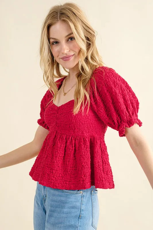 And The Why Lovely Textured and Smocked Top in Red