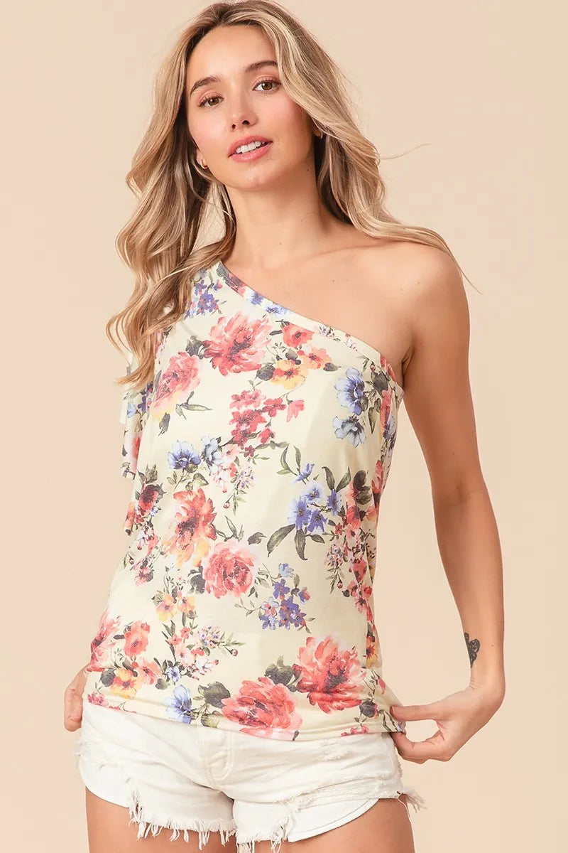 BiBi Floral Printed Jersey Knit Ruffle Sleeve Top in Banana