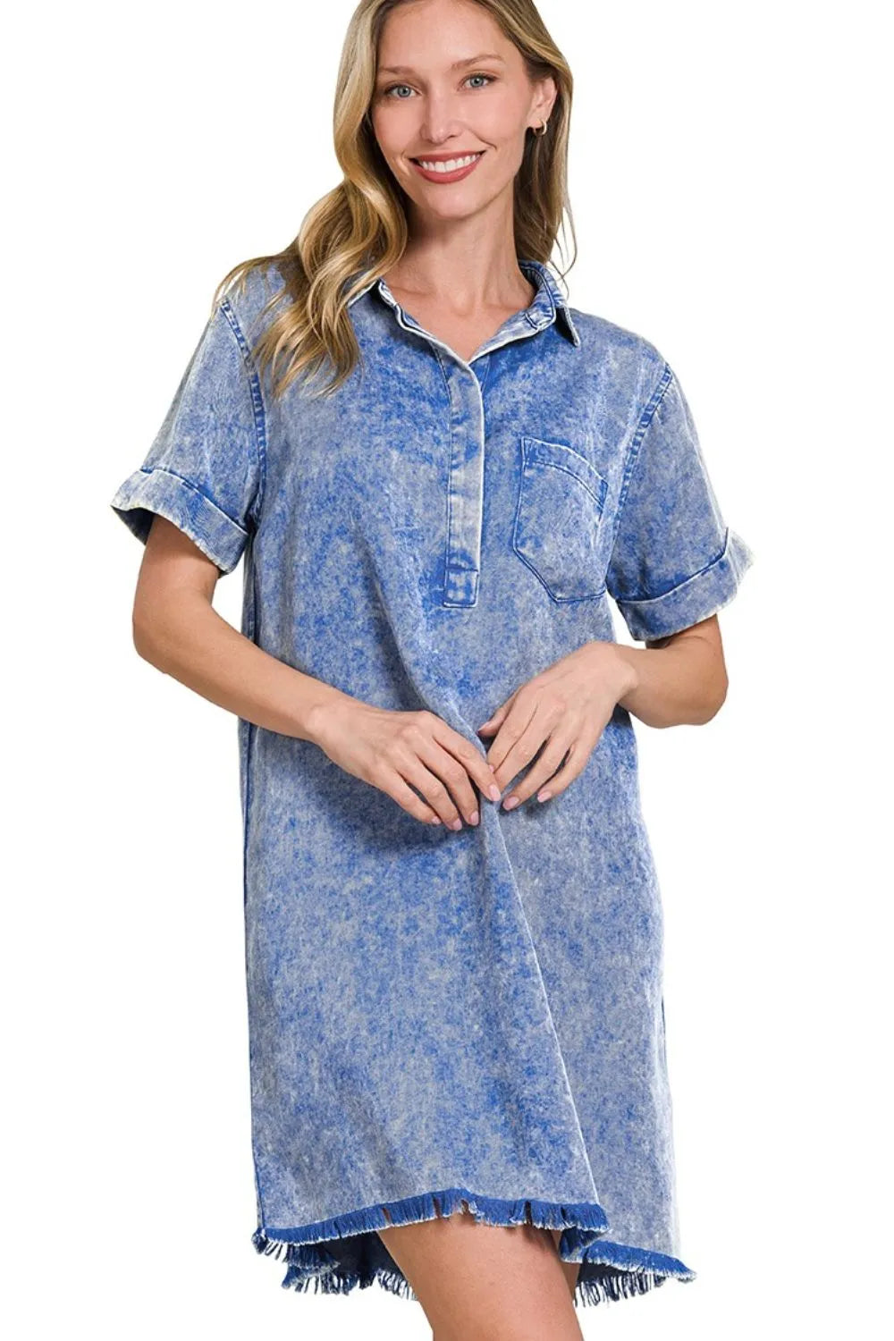 Zenana Tencel Mineral Washed Collared Shirts Dress in Blue