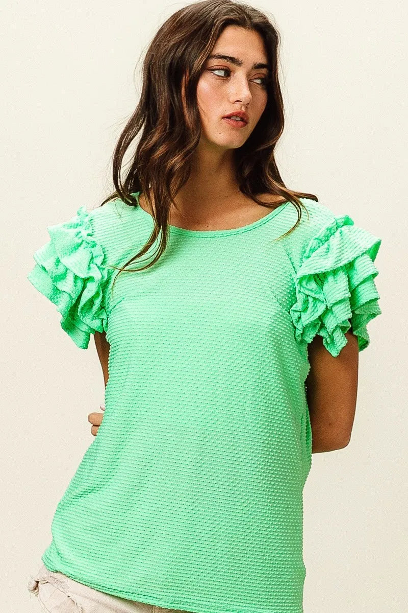 BiBi Birdseye Texture Layered Ruffle Top in Sage