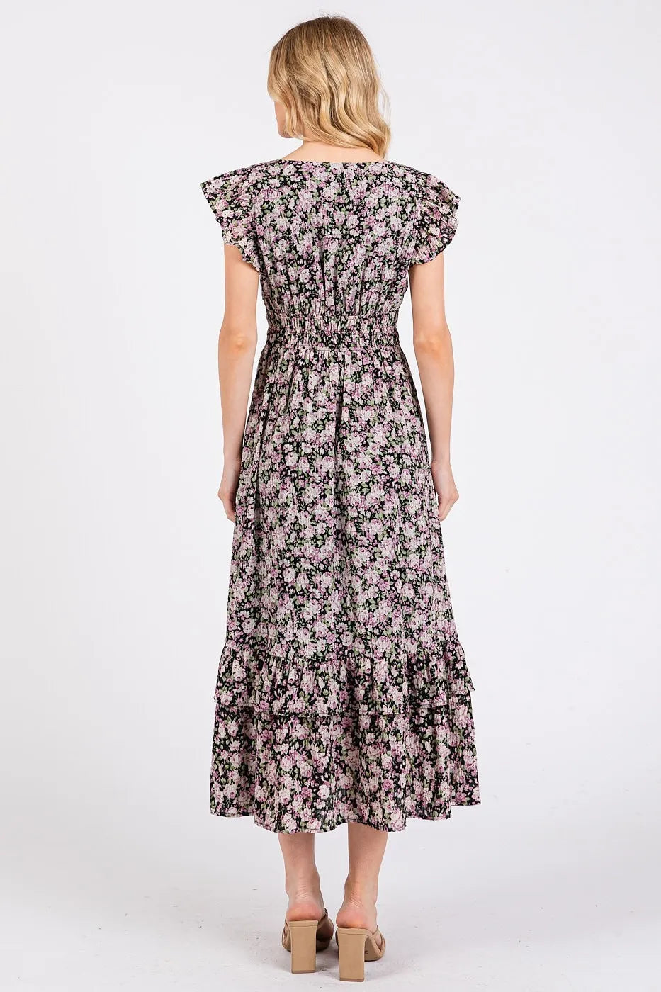 Mittoshop Flower Print Ruffle Cap Sleeve V-neck Midi Dress in Black