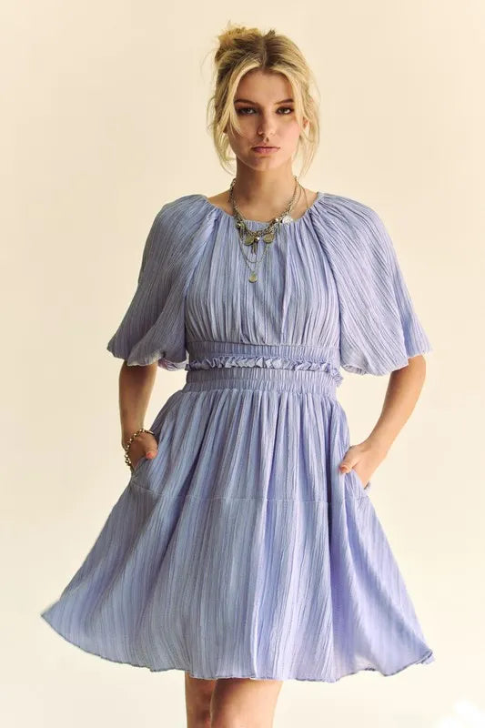 Davi & Dani Back Button Puff Sleeve Mini Dress in Lavender