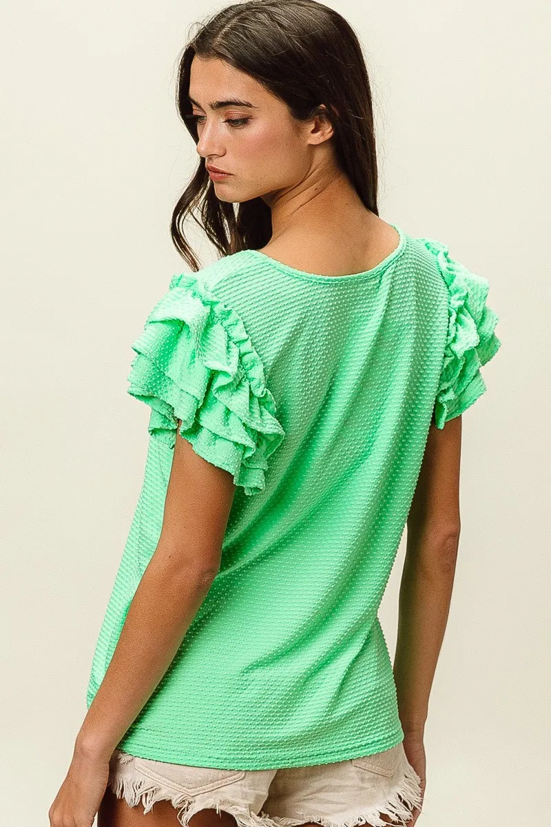 BiBi Birdseye Texture Layered Ruffle Top in Sage