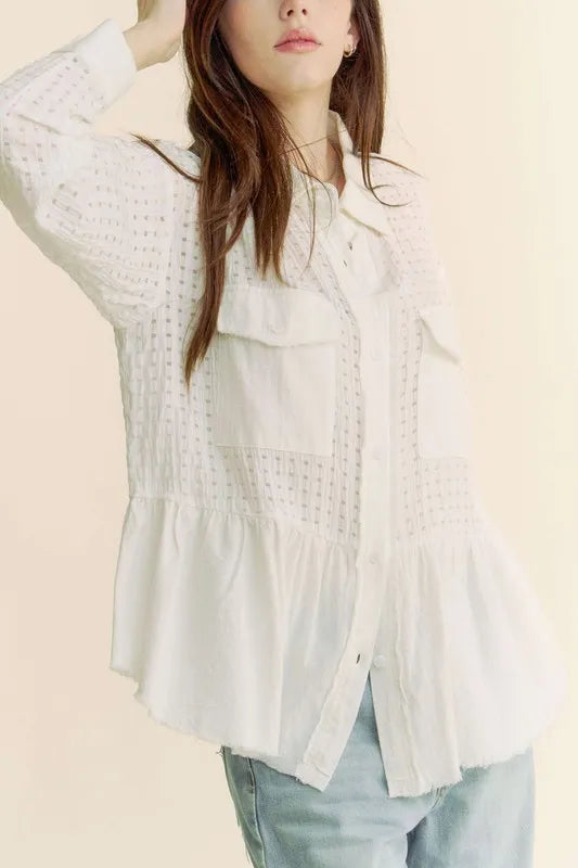 Davi & Dani Garment Washed Jacquard Button Front Shirt in White