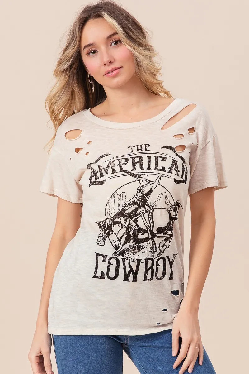 BiBi Cotton Slub Laser Top American Cow Boy Graphic in Taupe