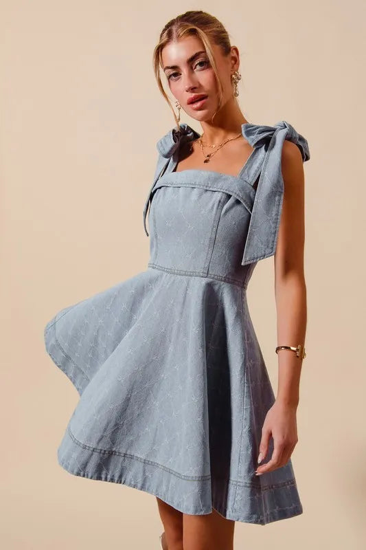 SO ME A Line Fit and Flare Diamond Bow Ribbon Denim Dress