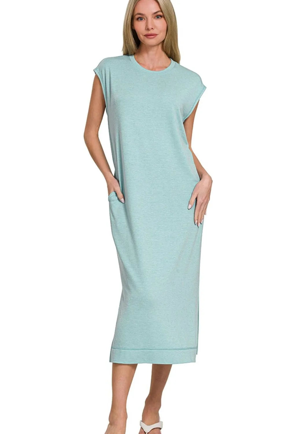 Zenana French Terry Sleeveless Round Neck Midi Dress in Teal