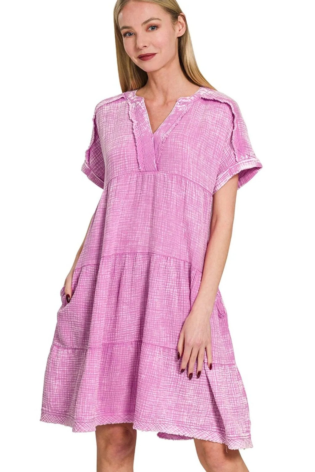 Zenana Washed Double Gauze Raw Edge V-neck Dress in Mauve