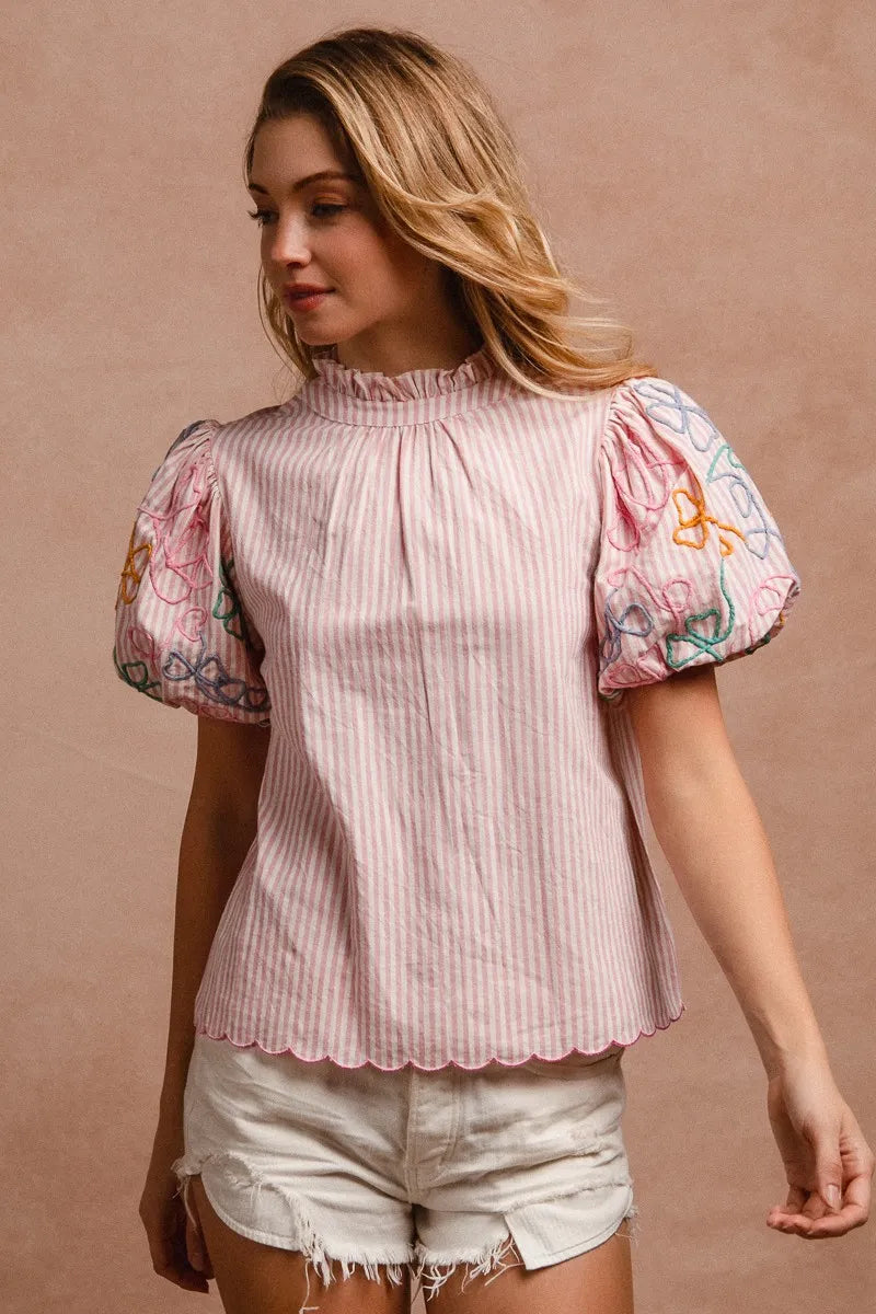 BiBi Embroidery Bubble Sleeve Top With Bottom Scallop Detail
