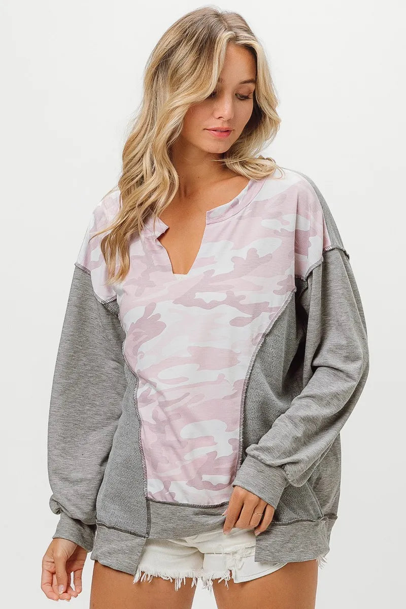 BiBi Camo Printed French Terry Knit Color Block Top