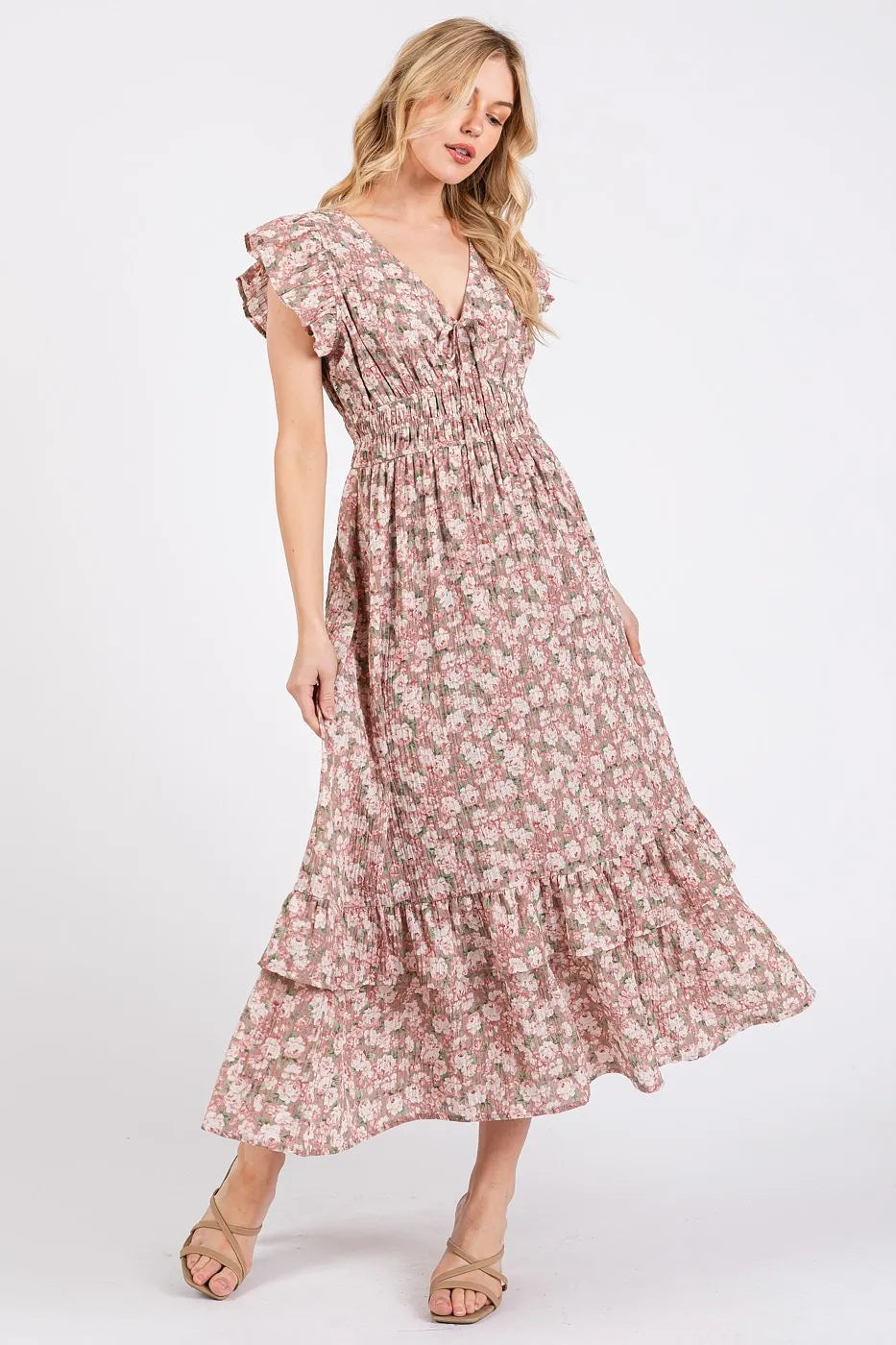 Mittoshop Flower Print Ruffle Cap Sleeve V-neck Midi Dress in Mauve