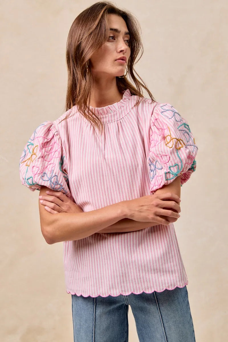 BiBi Embroidery Bubble Sleeve Top With Bottom Scallop Detail