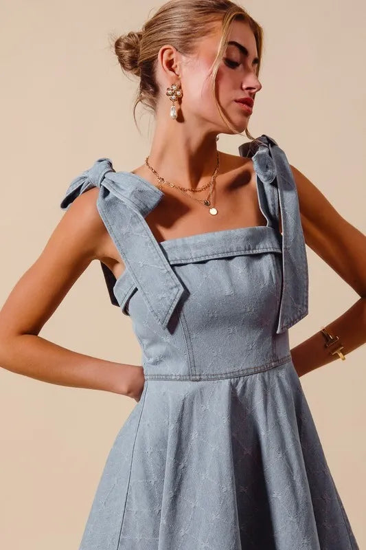 SO ME A Line Fit and Flare Diamond Bow Ribbon Denim Dress