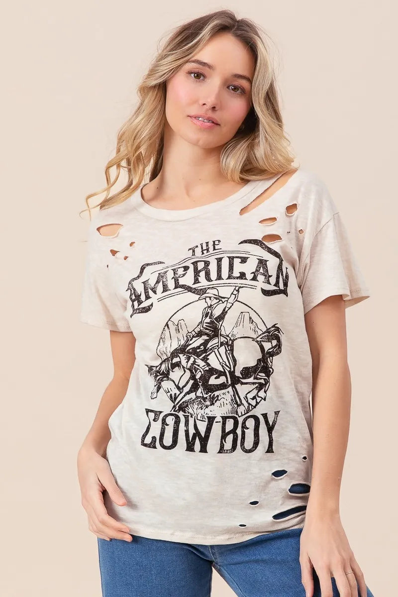 BiBi Cotton Slub Laser Top American Cow Boy Graphic in Taupe