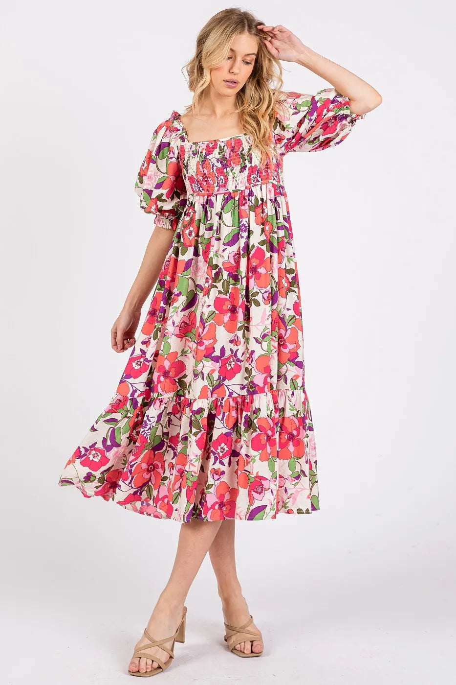Mittoshop Flower Print Puff Sleeve Ruffle Smocked Midi Dress in Fuchsia