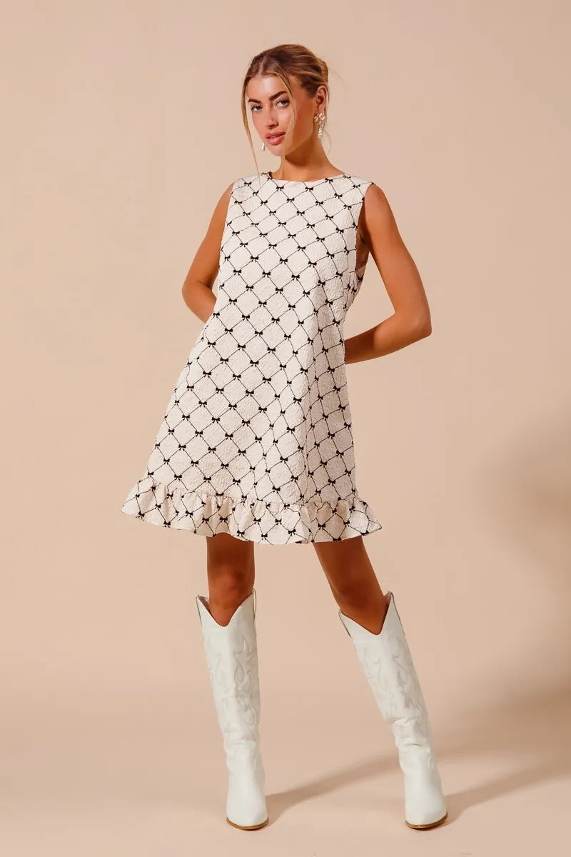 SO ME Texture Bow Printed Mini Ruffle Dress