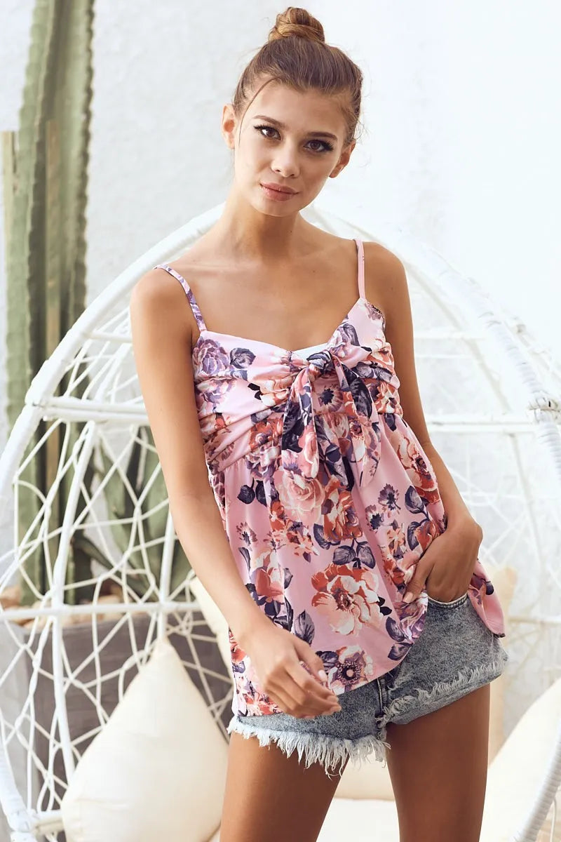 BiBi Floral Printed Jersey Knit with Tie Ribbon Front Tank Top