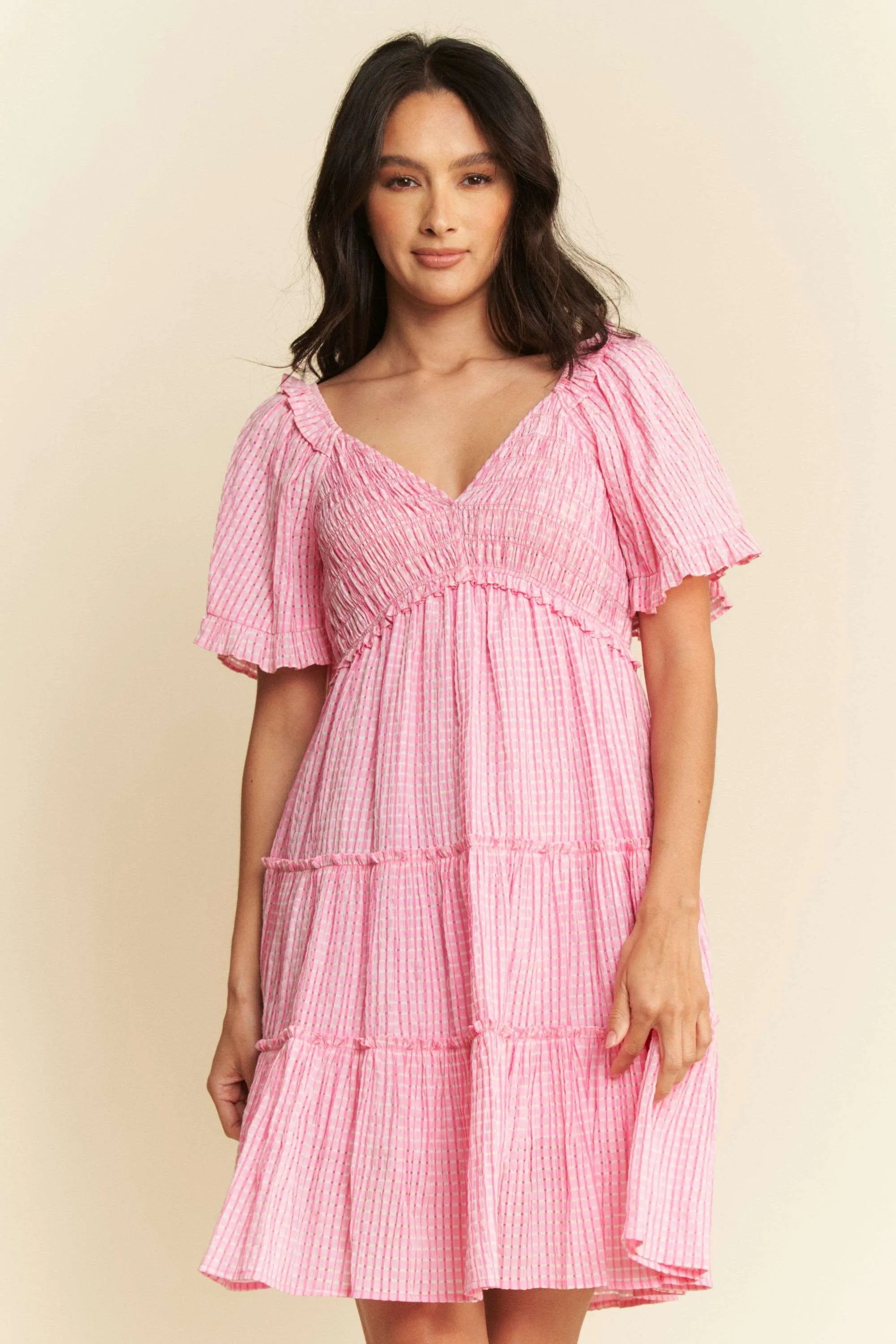 Davi & Dani Jacquard Checker Smocking Tiered Dress in Pink