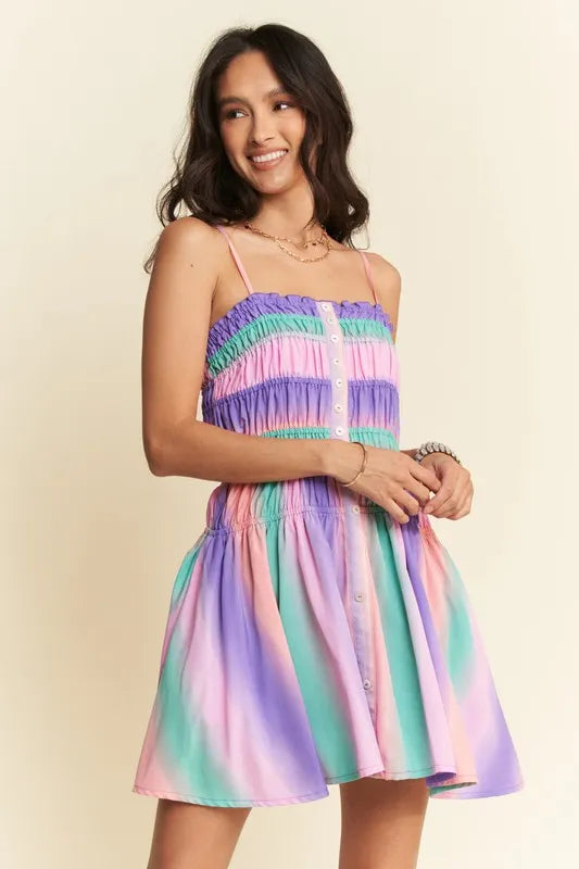 Davi & Dani Multi Color Ombre Printed Bodice Button Up Dress