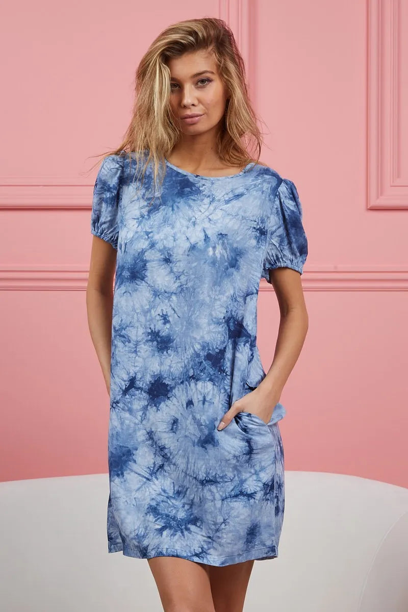 BiBi Puff Sleeve With Side Pockets Tie Dye Dress