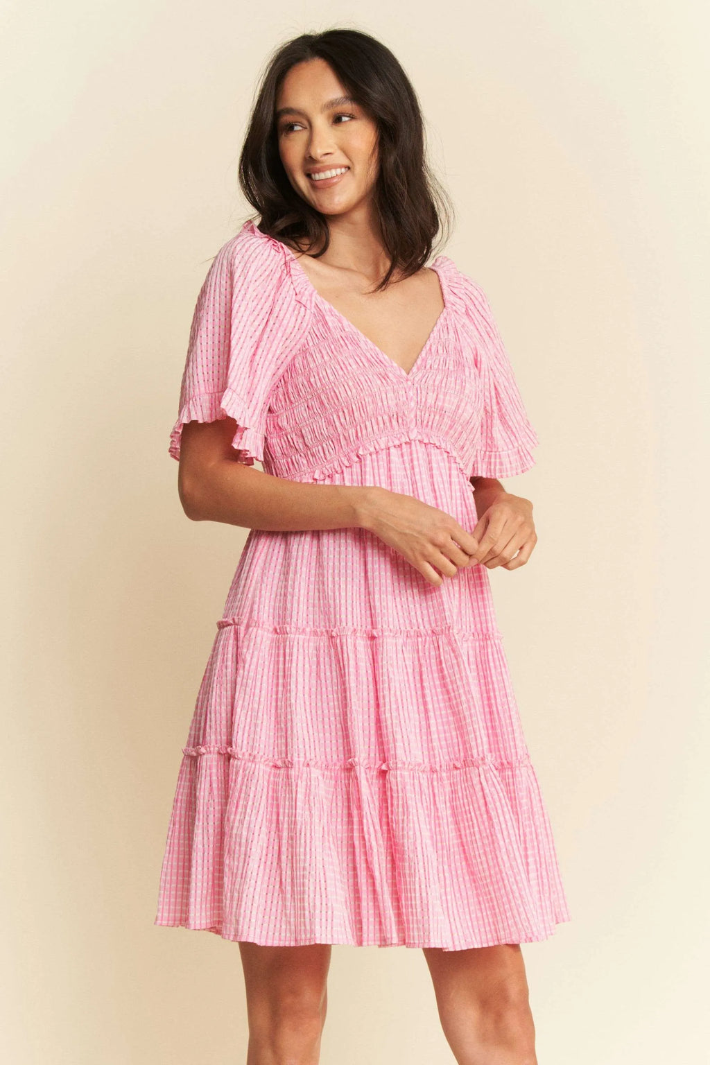Davi & Dani Jacquard Checker Smocking Tiered Dress in Pink