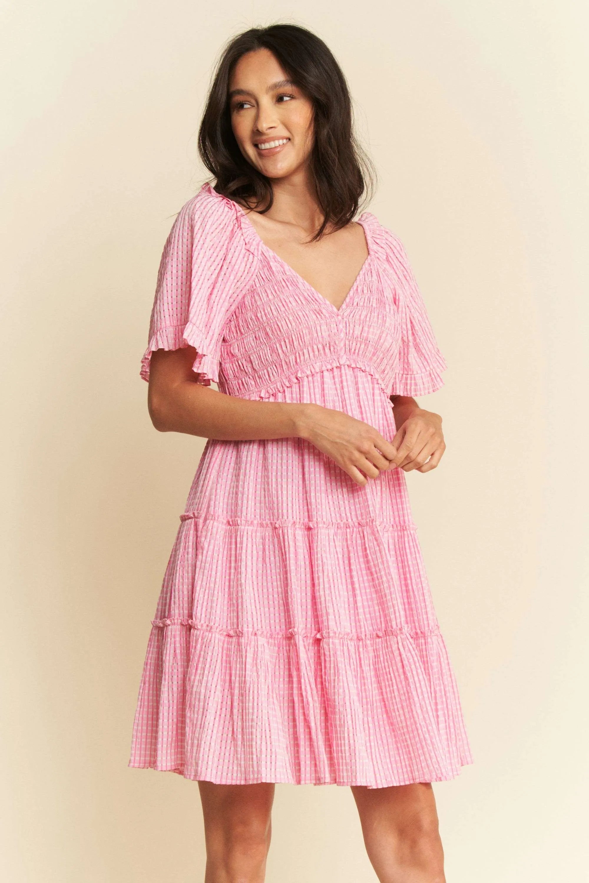 Davi & Dani Jacquard Checker Smocking Tiered Dress in Pink