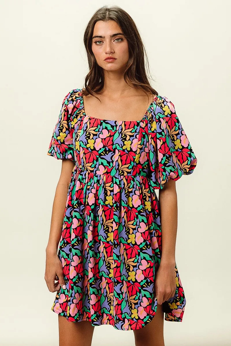 BiBi Floral Print Puff Square Neck Dress