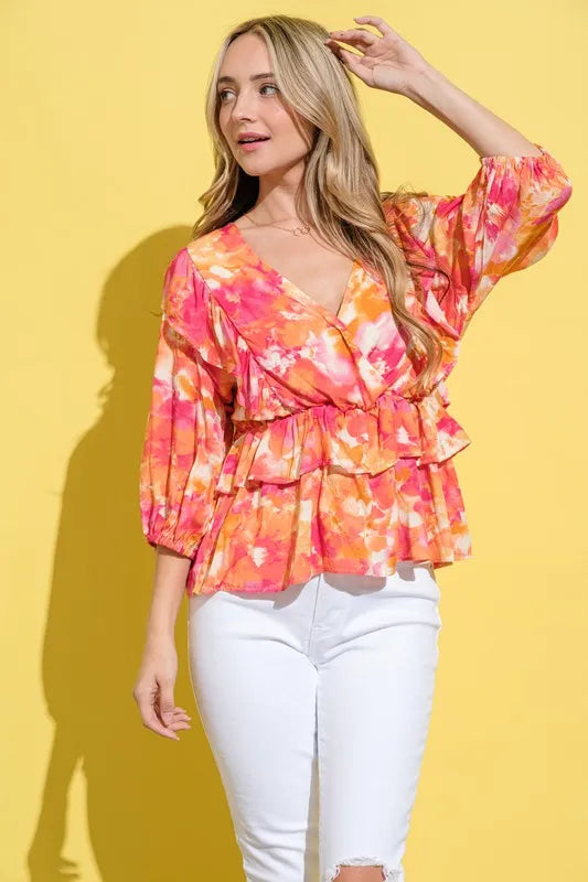 And The Why Ruffled Printed Puff Sleeve Blouse