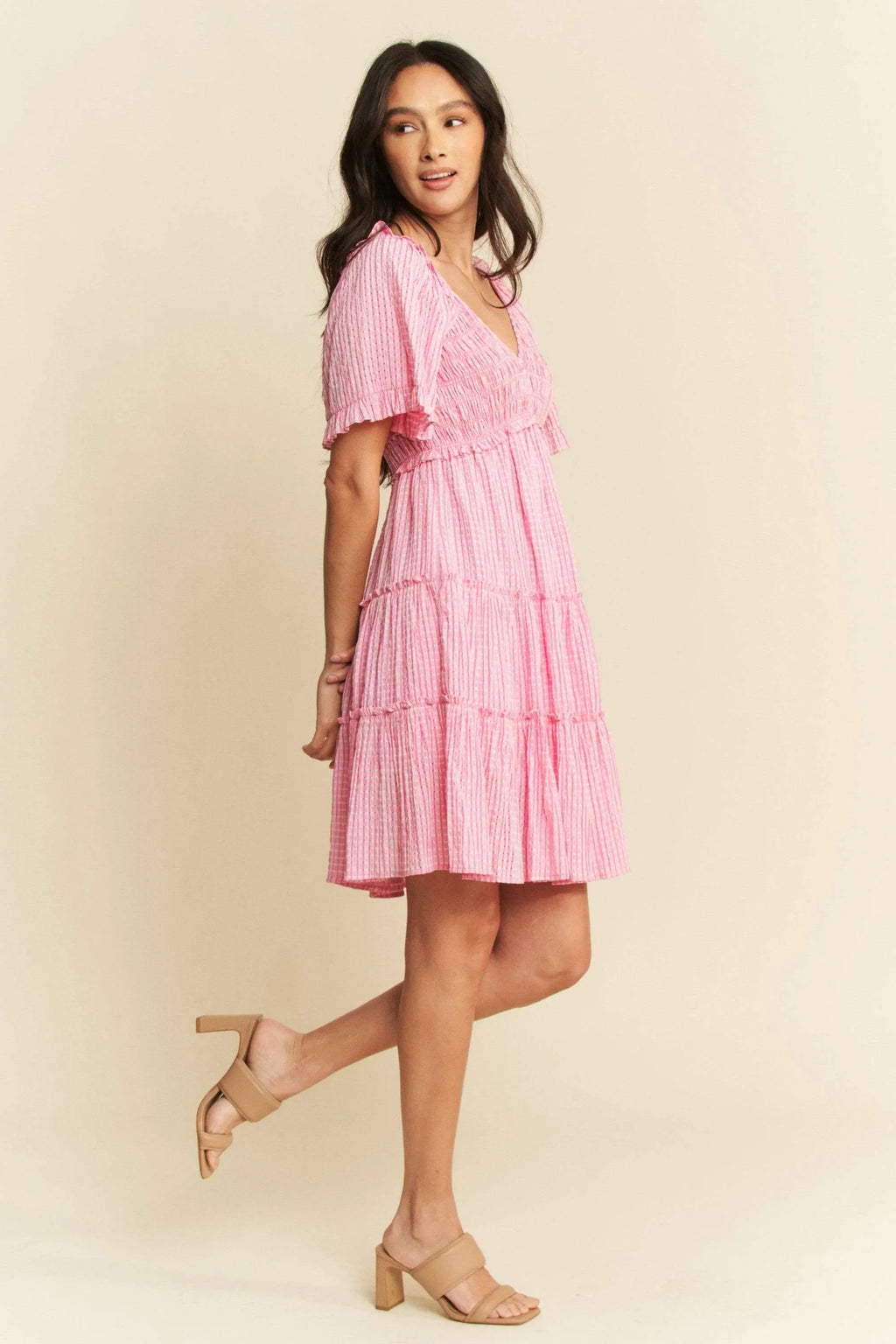 Davi & Dani Jacquard Checker Smocking Tiered Dress in Pink